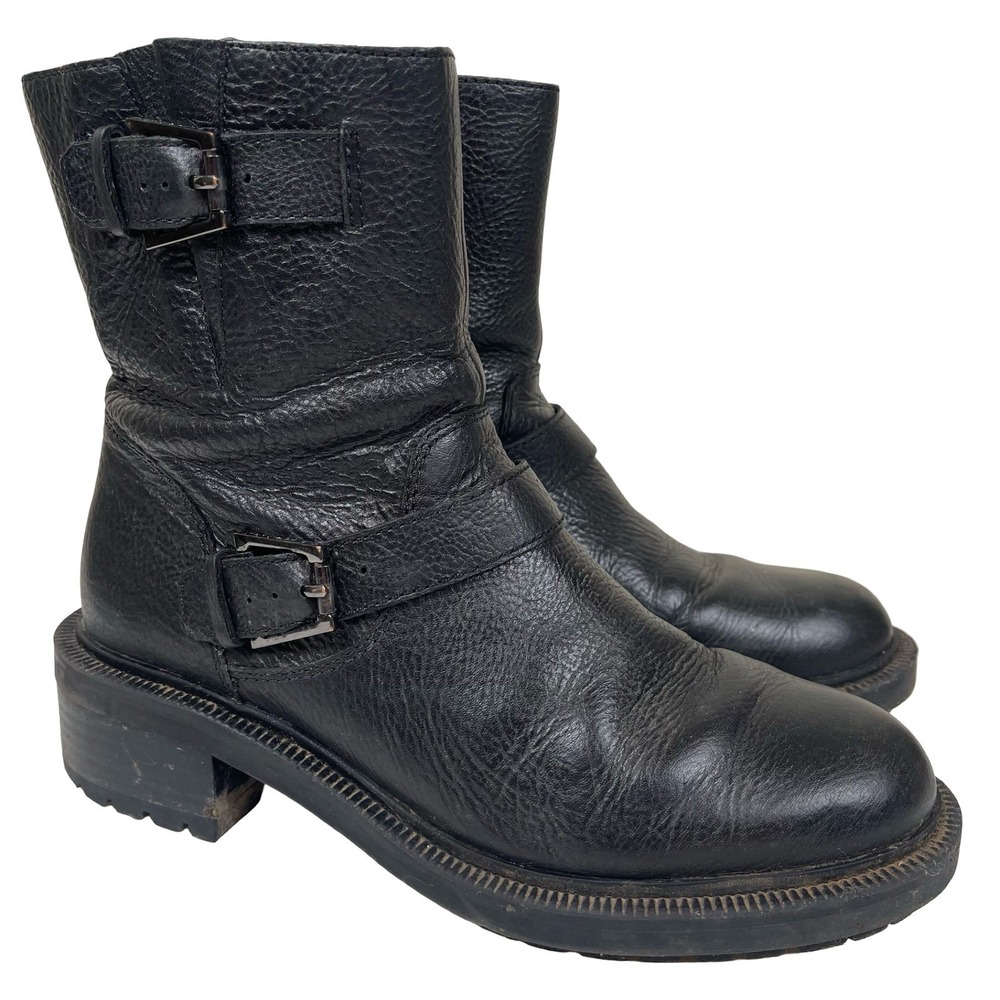 Botkier Moto Ankle Boot Women 7 Black Pebbled Leather Double Buckle Zip Biker